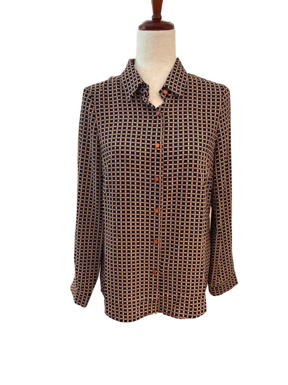 Traffic People Button Down Blouse Womens Small Geometric Print Black Orange Top